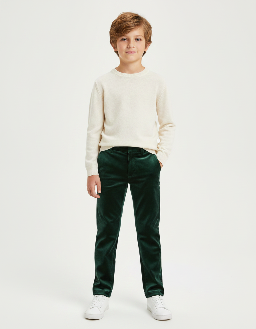 Pantalon Velours Vert Émeraude Garçon Droit Élégant - Cordé
