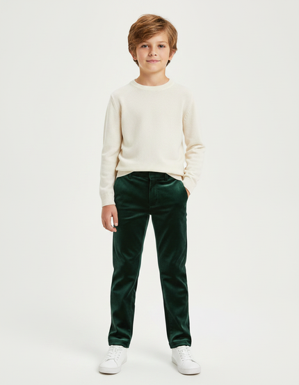 Pantalon Velours Vert Émeraude Garçon Droit Élégant - Cordé
