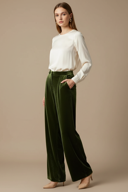 Pantalon Velours Femme Vert Large