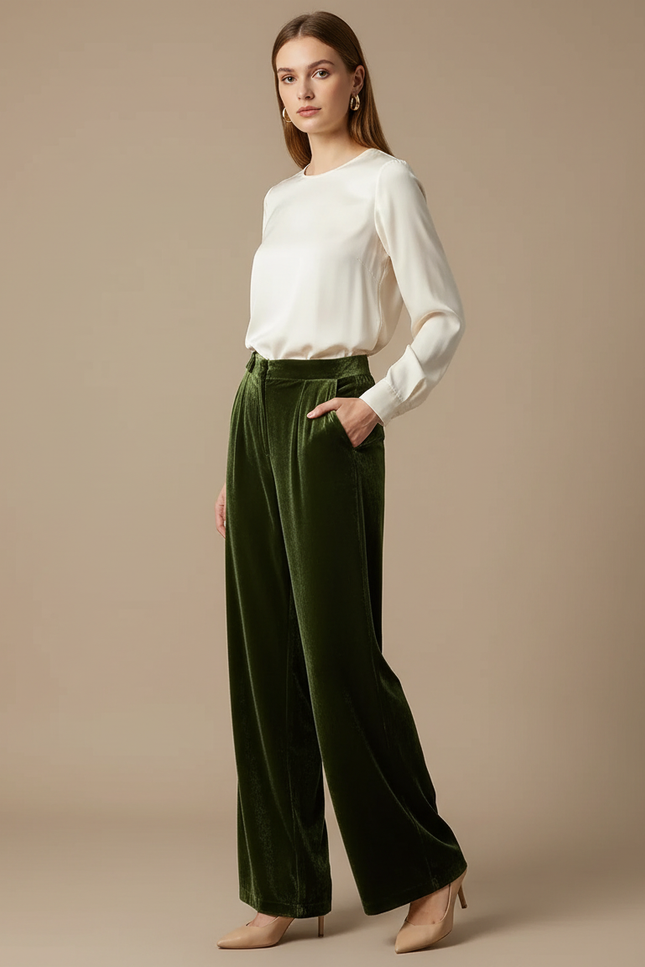 Pantalon Velours Femme Vert Large