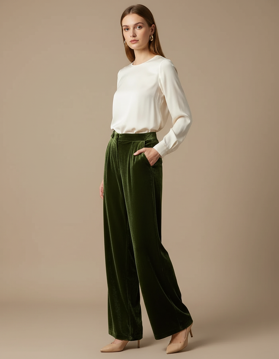 Pantalon Velours Femme Vert Large