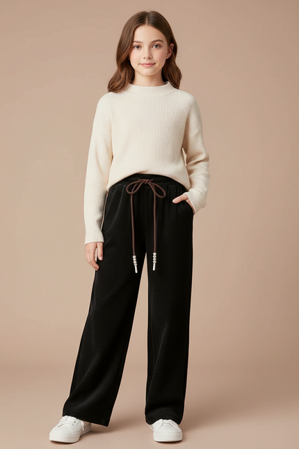Pantalon Velours Noir Côtelé Ample Enfant Doublé - Cordé