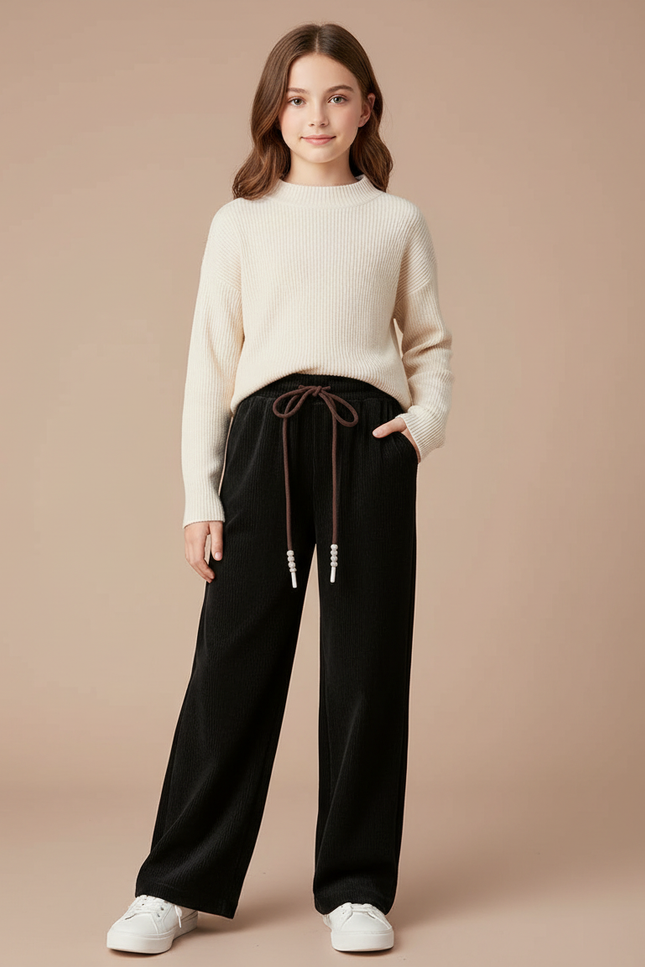 Pantalon Velours Noir Côtelé Ample Enfant Doublé - Cordé