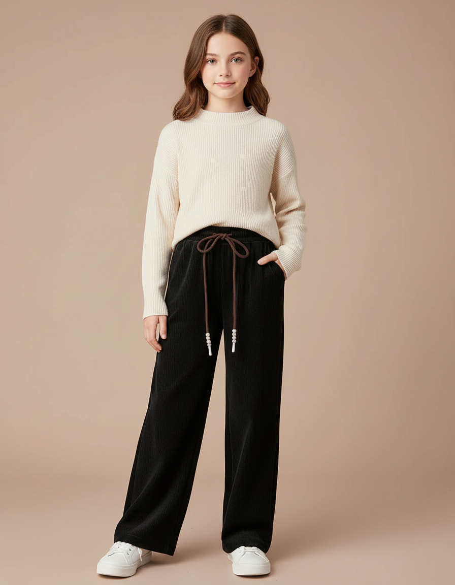 Pantalon Velours Noir Côtelé Ample Enfant Doublé - Cordé