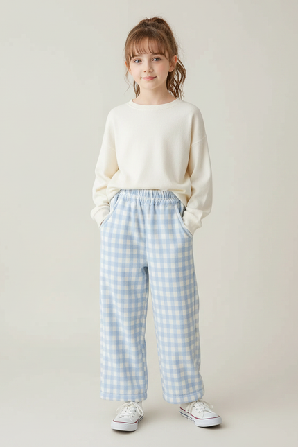Pantalon Velours Carreaux Bleu Ample Enfant Hiver