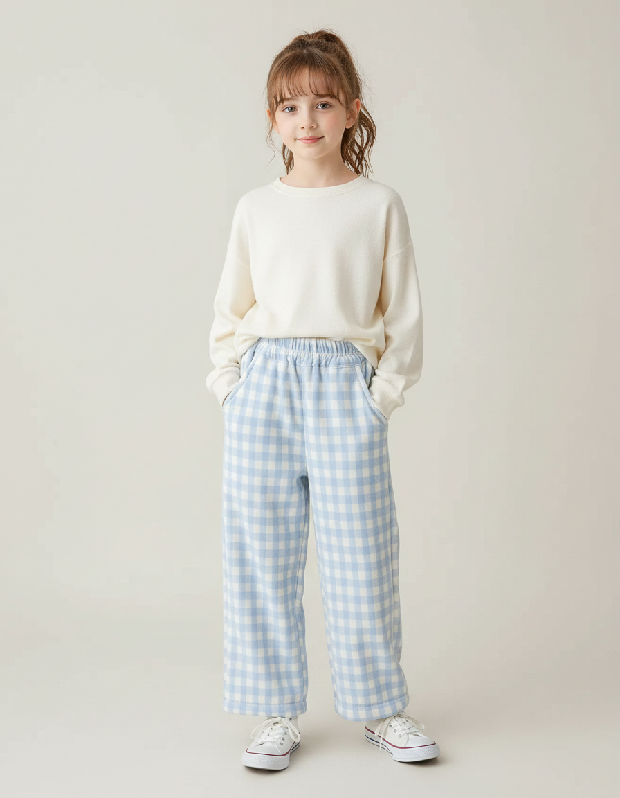 Pantalon Velours Carreaux Bleu Ample Enfant Hiver