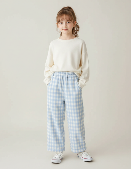 Pantalon Velours Carreaux Bleu Ample Enfant Hiver