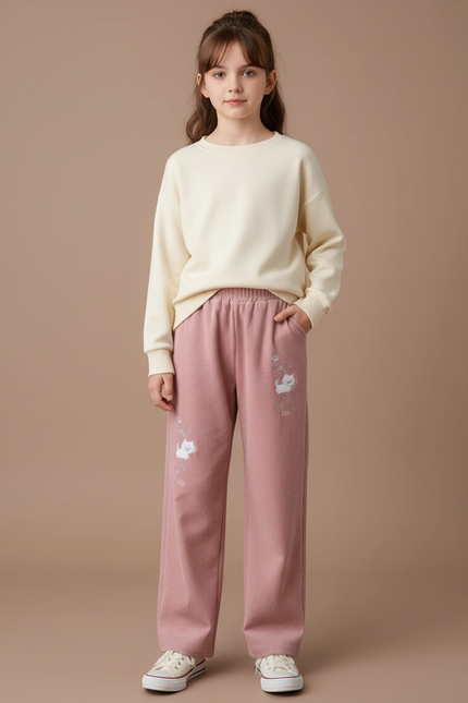 Pantalon Velours Rose Côtelé Ample Imprimé Chat - Cordé