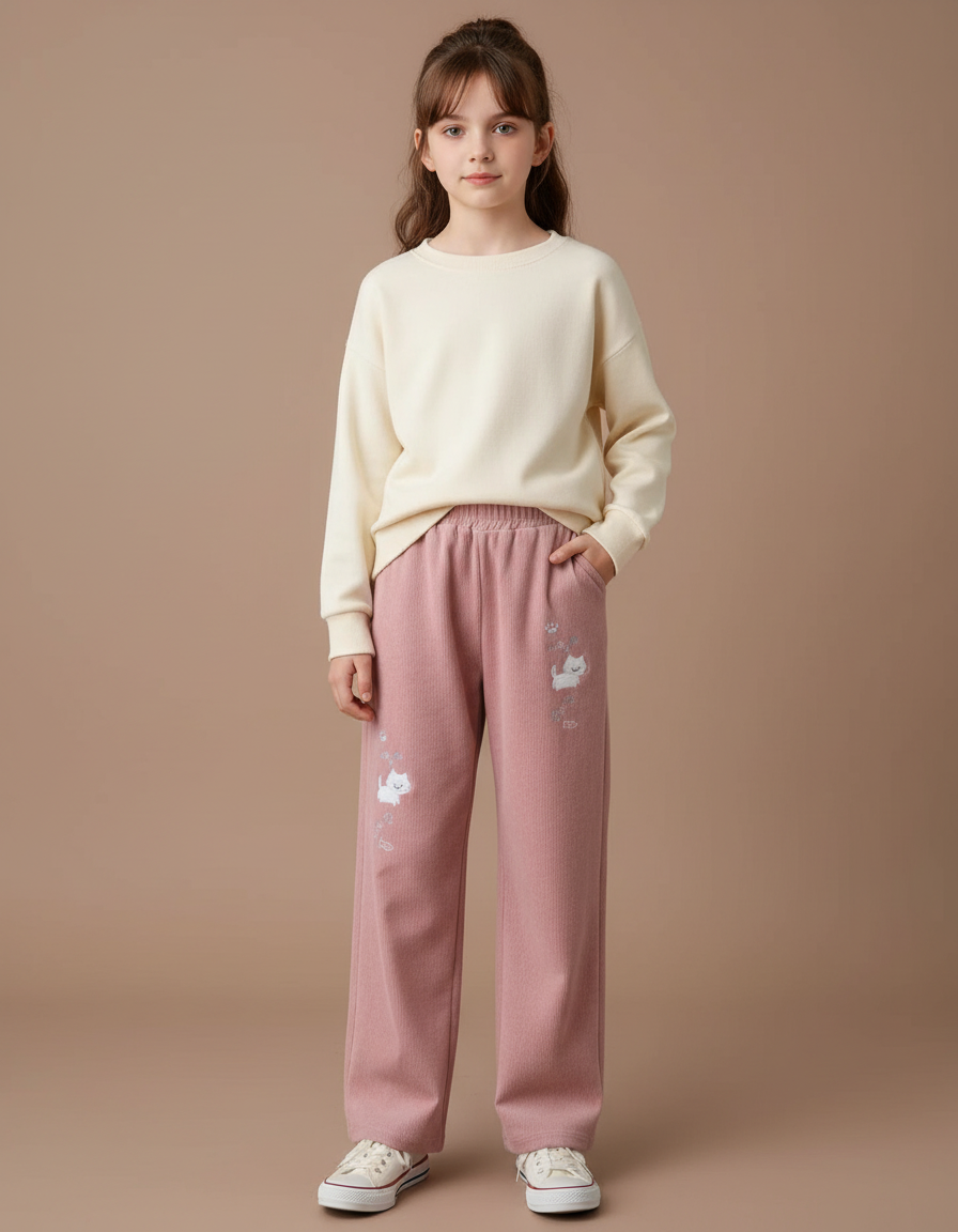 Pantalon Velours Rose Côtelé Ample Imprimé Chat - Cordé