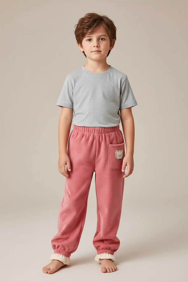 Pantalon Velours Côtelé Rose Ours Chaud Enfant - Cordé