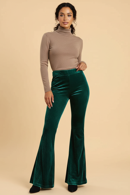 Pantalon Velours Vert Émeraude Évasé Taille Haute Élégant