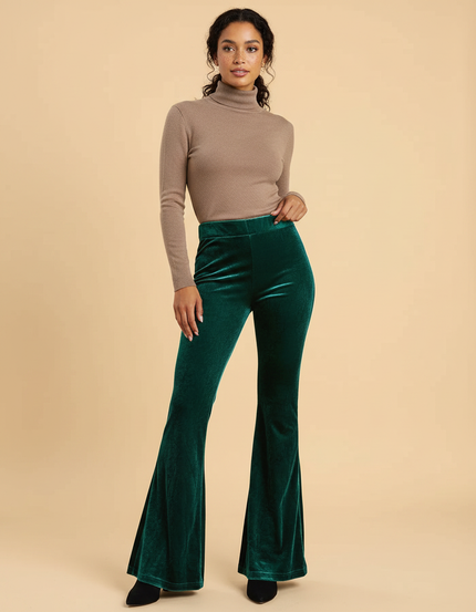 Pantalon Velours Vert Émeraude Évasé Taille Haute Élégant