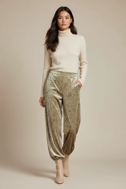 Pantalon Velours Vert Ample Froissé Femme Élégant