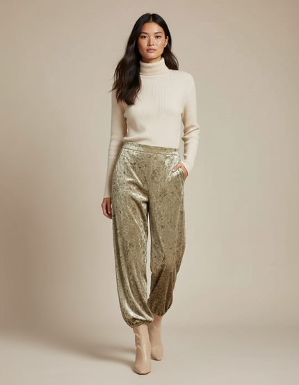 Pantalon Velours Vert Ample Froissé Femme Élégant