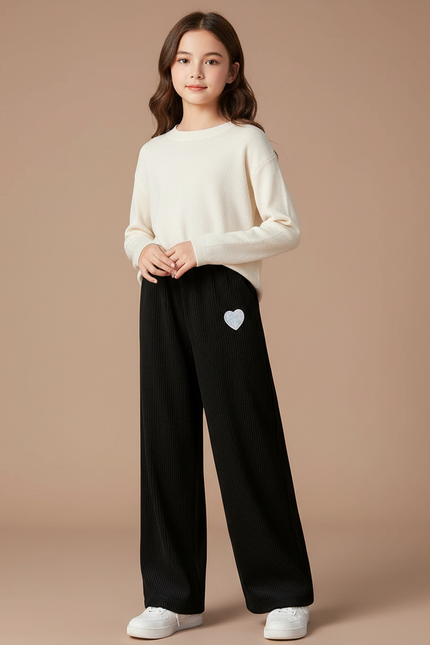 Pantalon Velours Côtelé Noir Ample Cœur Fille - Cordé