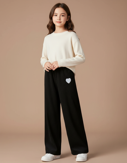 Pantalon Velours Côtelé Noir Ample Cœur Fille - Cordé