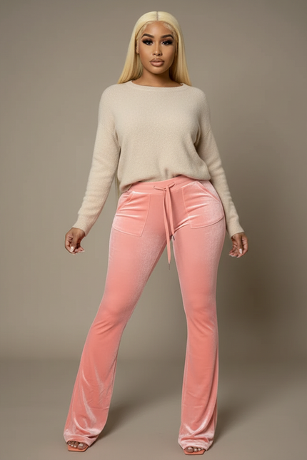 Pantalon Velours Rose Évasé Cordon Chic Femme