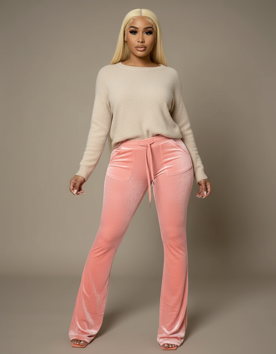 Pantalon Velours Rose Évasé Cordon Chic Femme