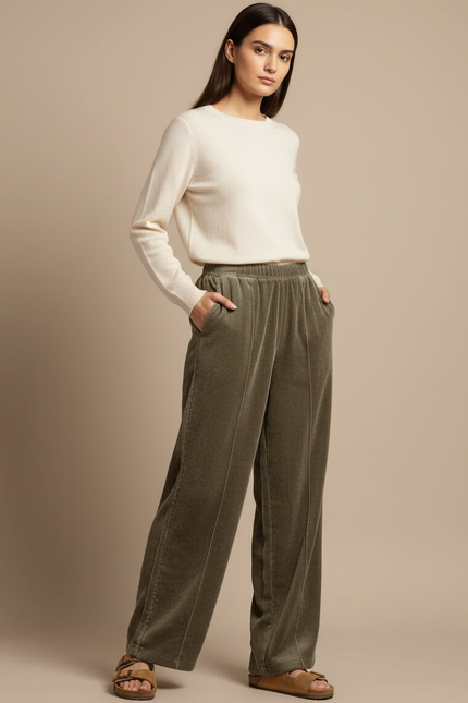 Pantalon Large En Velours Côtelé Femme - Kaki