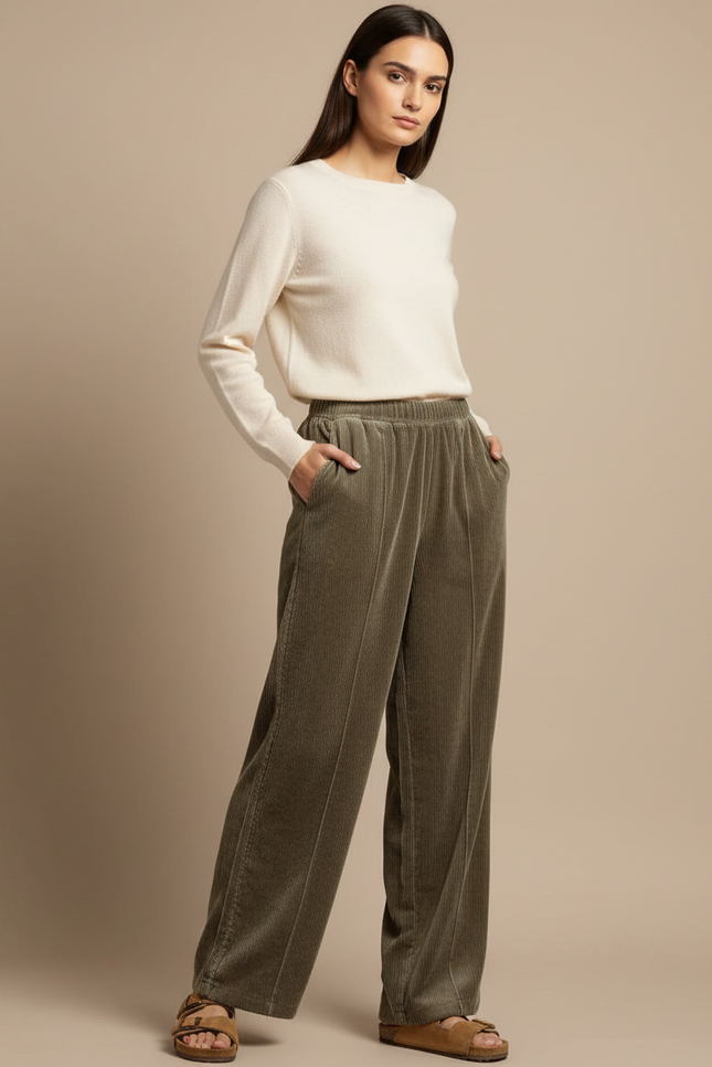 Pantalon Large En Velours Côtelé Femme - Kaki