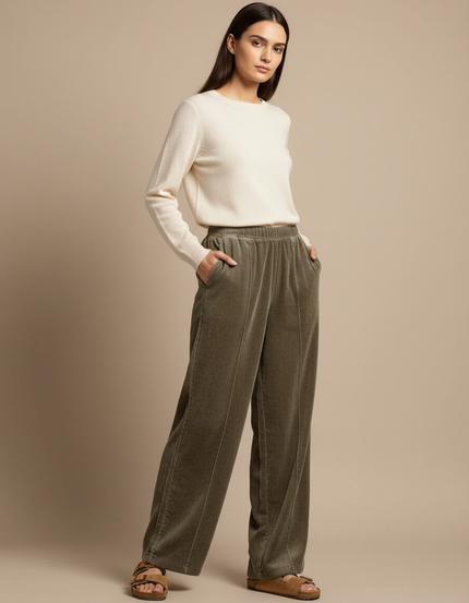 Pantalon Large En Velours Côtelé Femme - Kaki