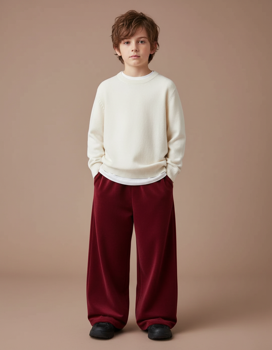 Pantalon Velours Rouge Ample Enfant Hiver - Bordeaux