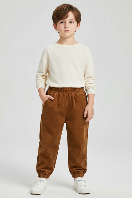 Pantalon Velours Côtelé Marron Décontracté Élastiqué Enfant - Cordé