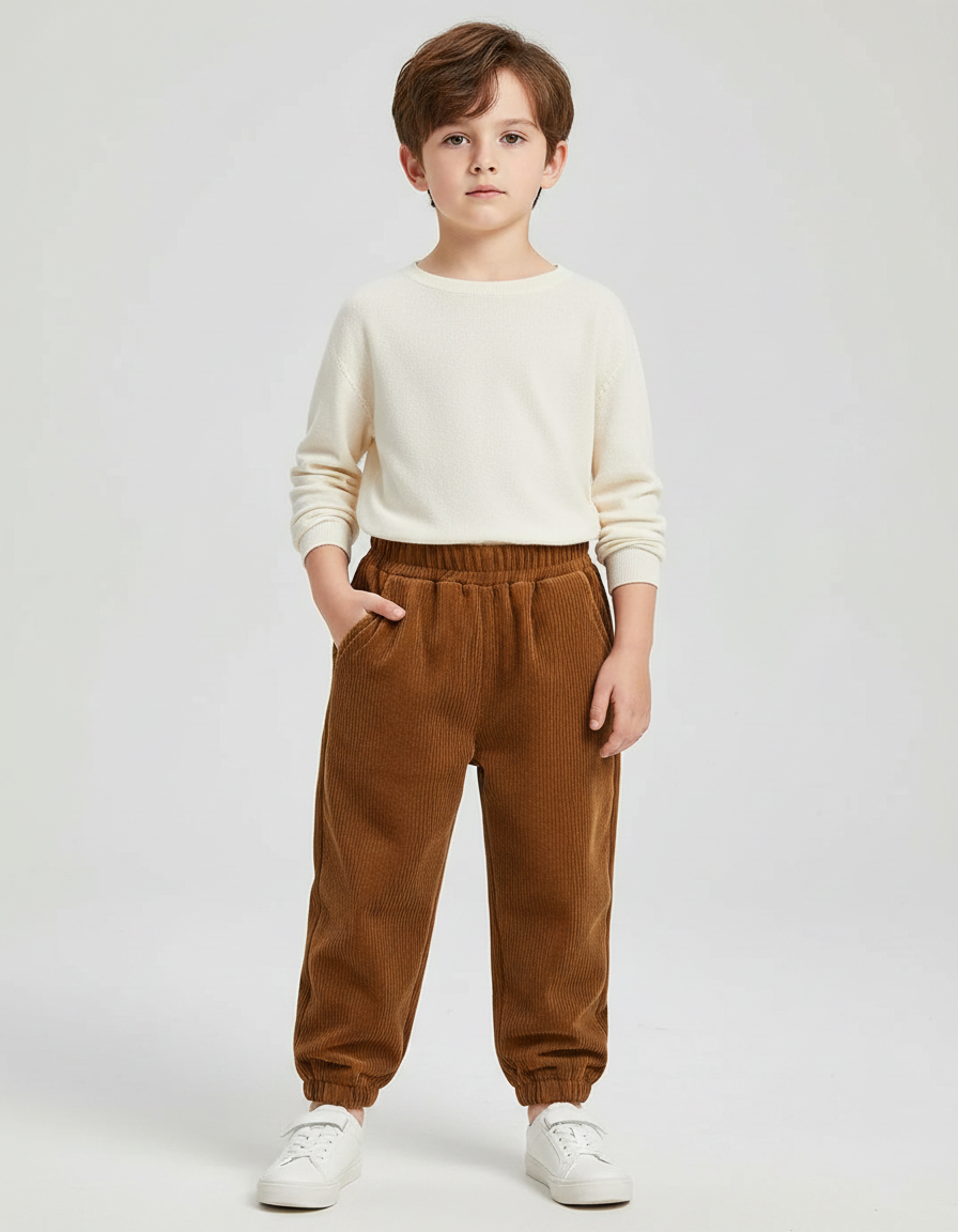 Pantalon Velours Côtelé Marron Décontracté Élastiqué Enfant - Cordé