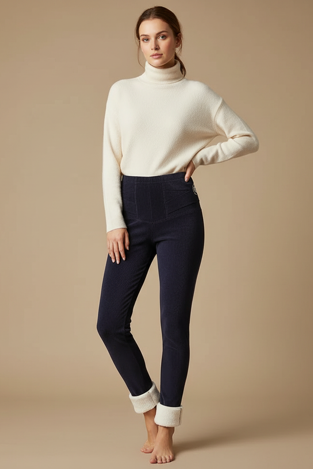 Pantalon Velours Marine Côtelé Taille Haute Doublé Polaire - Cordé