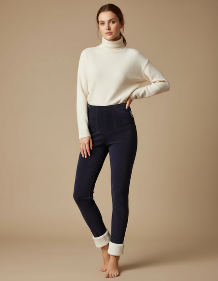 Pantalon Velours Marine Côtelé Taille Haute Doublé Polaire - Cordé