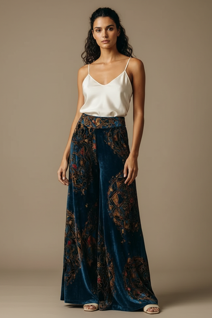 Pantalon Palazzo Velours Femme - Bleu