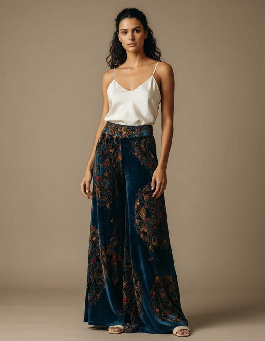 Pantalon Palazzo Velours Femme - Bleu