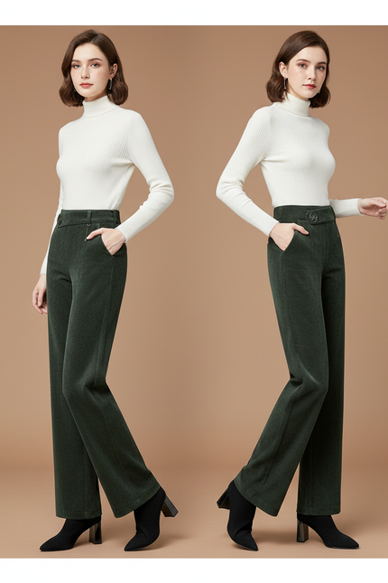 Pantalon Velours Côtelé Vert Taille Haute Ample Femme - Cordé