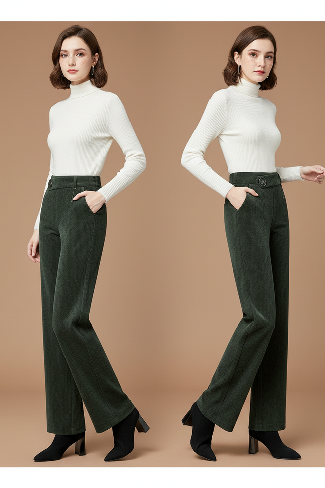 Pantalon Velours Côtelé Vert Taille Haute Ample Femme - Cordé