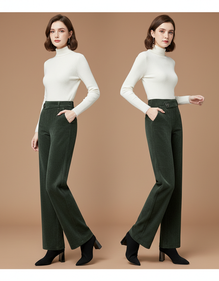 Pantalon Velours Côtelé Vert Taille Haute Ample Femme - Cordé