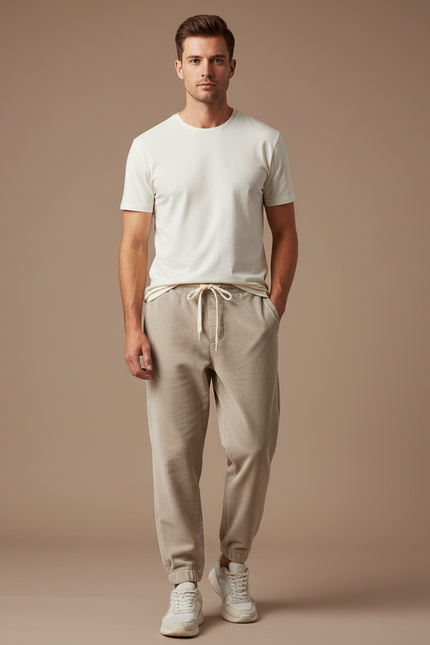 Pantalon Velours Côtelé Beige Homme Décontracté Cordon - Cordé