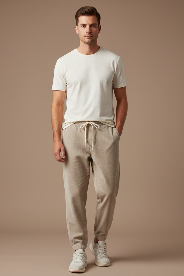 Pantalon Velours Côtelé Beige Homme Décontracté Cordon - Cordé