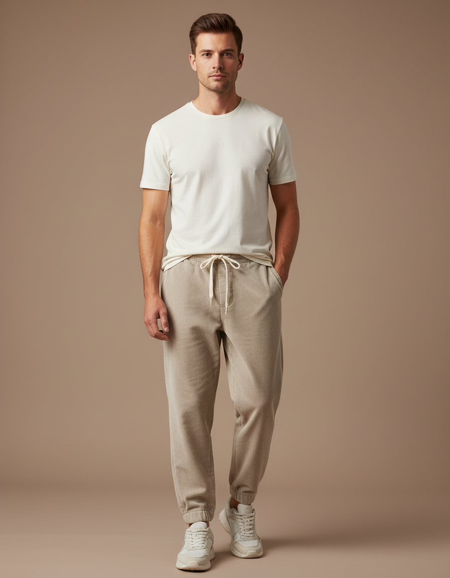 Pantalon Velours Côtelé Beige Homme Décontracté Cordon - Cordé