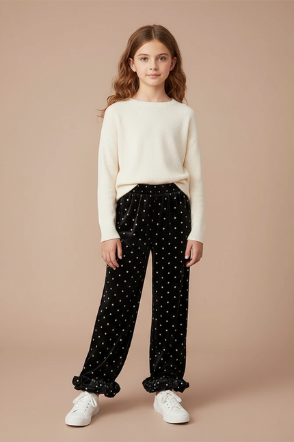 Pantalon Velours Noir À Pois Volants Fille