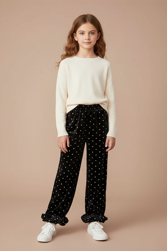 Pantalon Velours Noir À Pois Volants Fille
