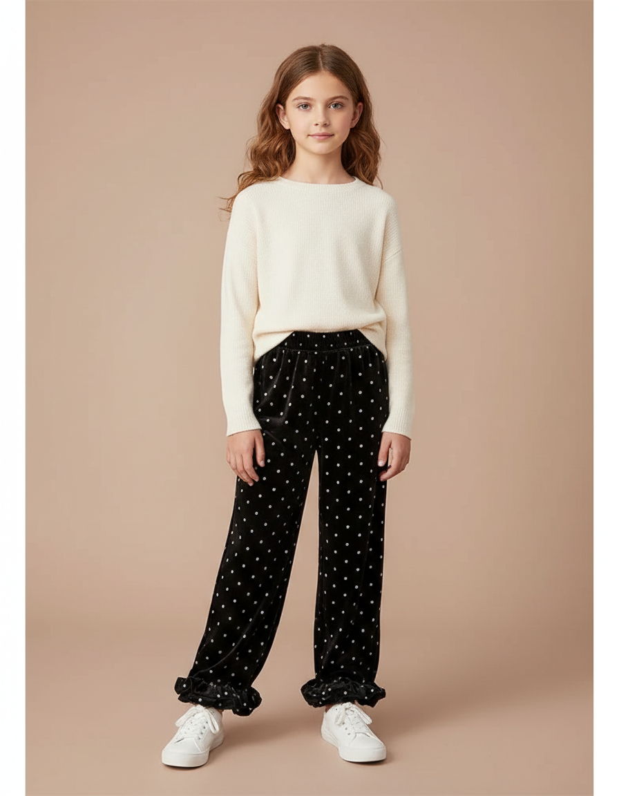 Pantalon Velours Noir À Pois Volants Fille