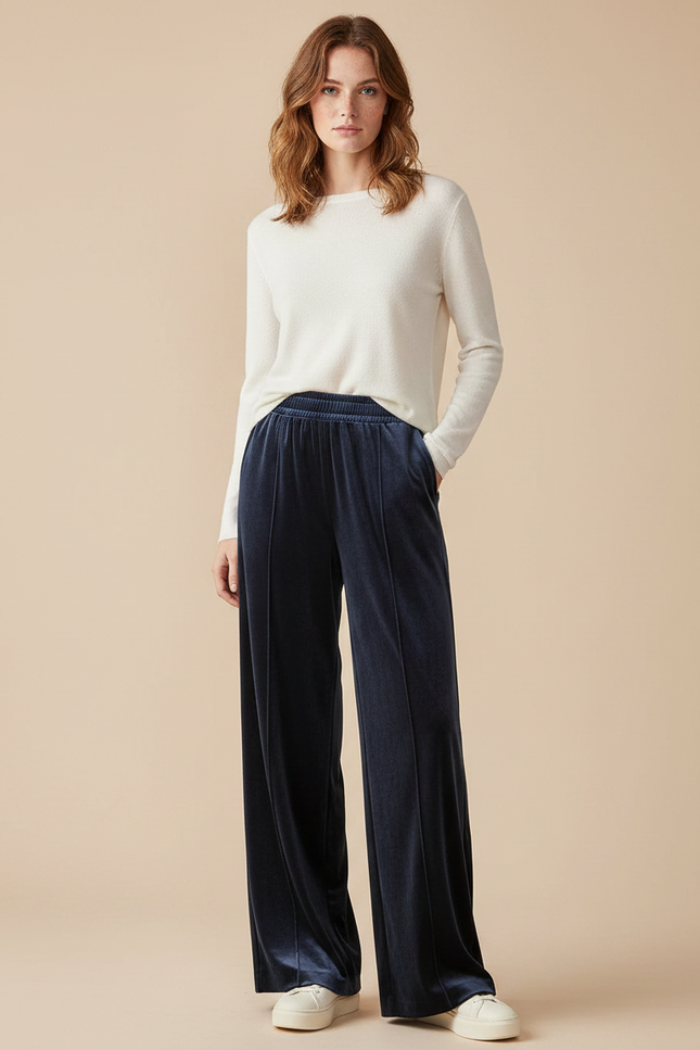 Pantalon Velours Bleu Marine Ample Confortable Femme