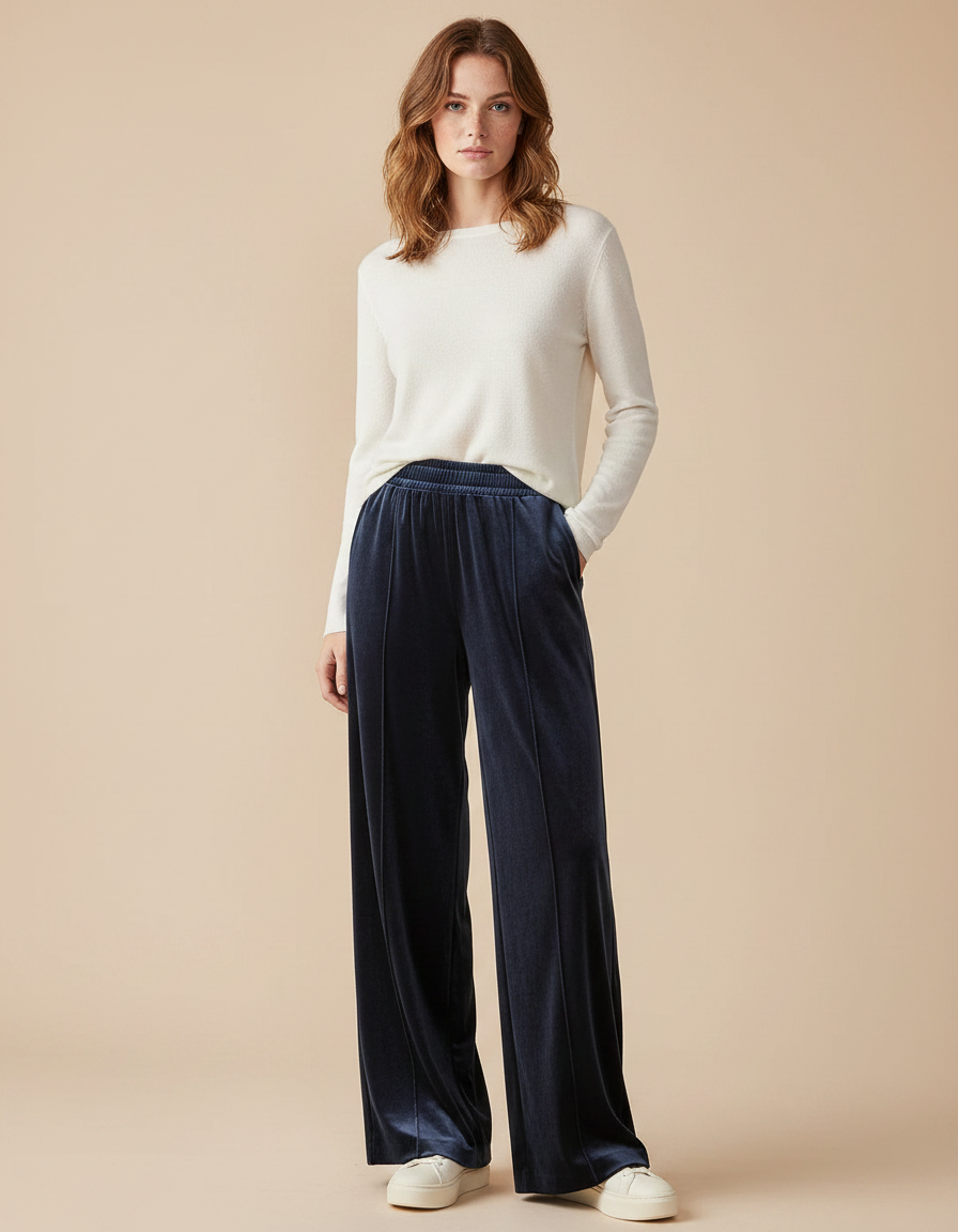Pantalon Velours Bleu Marine Ample Confortable Femme