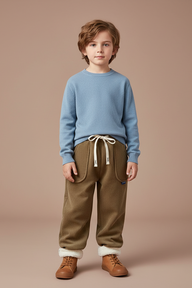 Pantalon Velours Marron Doublé Sherpa Ample Confortable Enfant