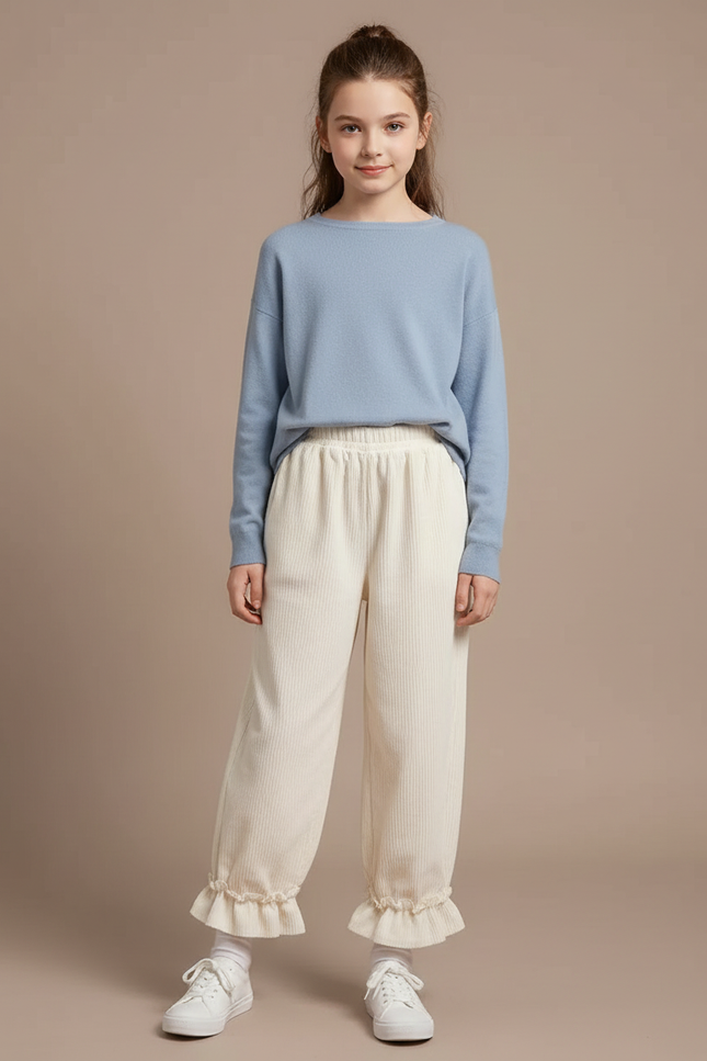 Pantalon Velours Crème Côtelé Ample Volants Fille - Beige Cordé