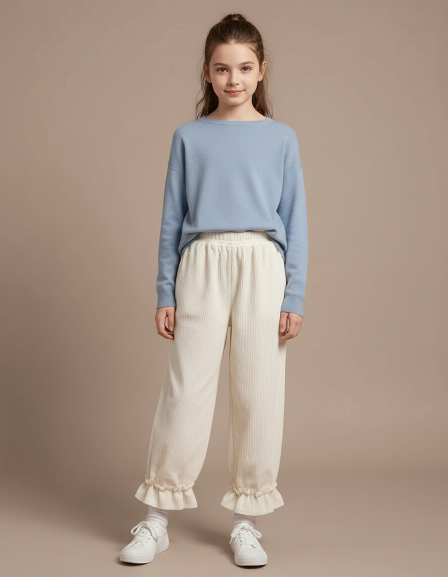 Pantalon Velours Crème Côtelé Ample Volants Fille - Beige Cordé