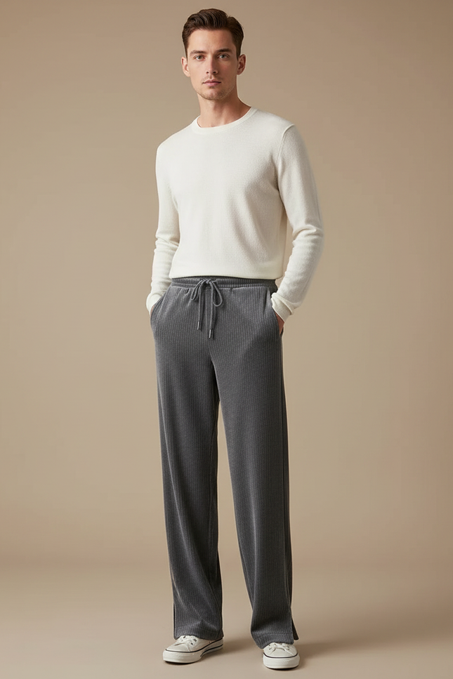 Pantalon Velours Gris Côtelé Large Décontracté Homme - Cordé