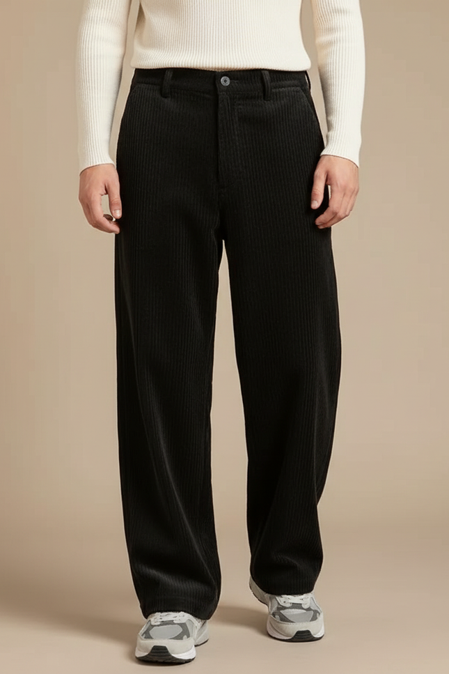 Pantalon Velours Côtelé Noir Droit Ample Homme - Cordé