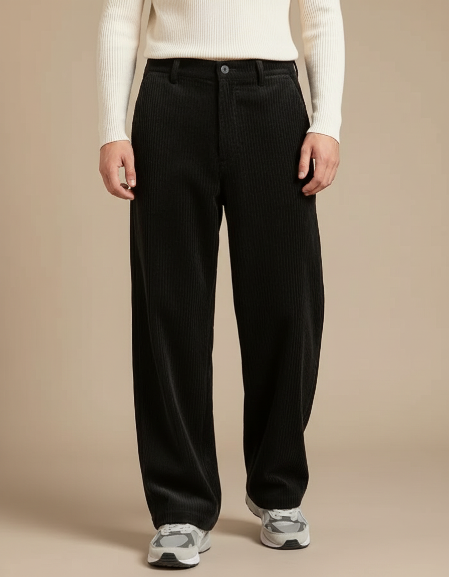 Pantalon Velours Côtelé Noir Droit Ample Homme - Cordé
