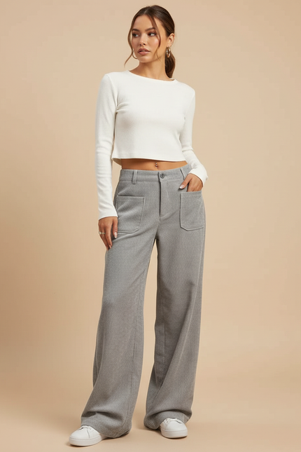 Pantalon Velours Gris Côtelé Droit Décontracté Femme - Cordé